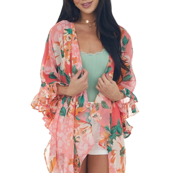 Tops - Punch Floral Print Hankerchief Kimono